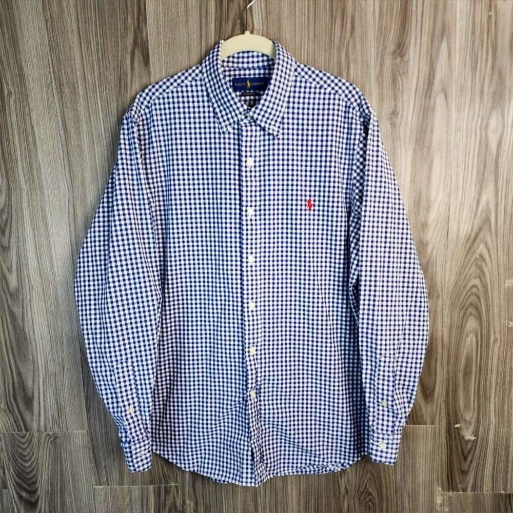 Polo Ralph Lauren Mens Gingham Button Down Shirt Navy Blue White Classic Fit L